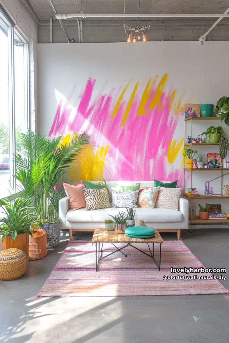 31 Colorful DIY Wall Murals for a Vibrant Home Update 54 neon brushstroke mural with layered strokes in hot pink and lime 1