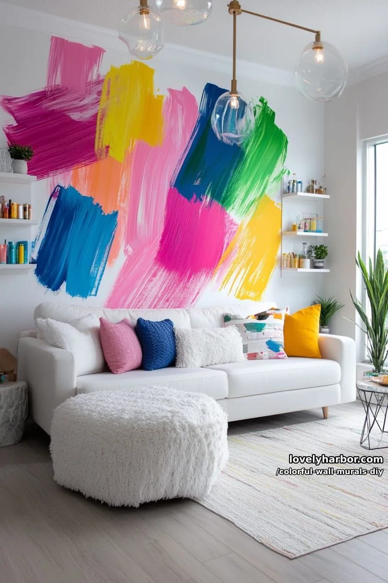 neon brushstroke mural with layered strokes in hot pink and lime 1