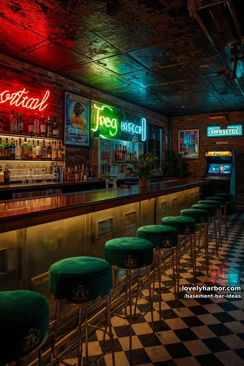15 Modern Basement Bar Design Ideas for Comfy Entertaining 2 neon-lit speakeasy basement bar with vintage arcade games and plush velvet stools 1