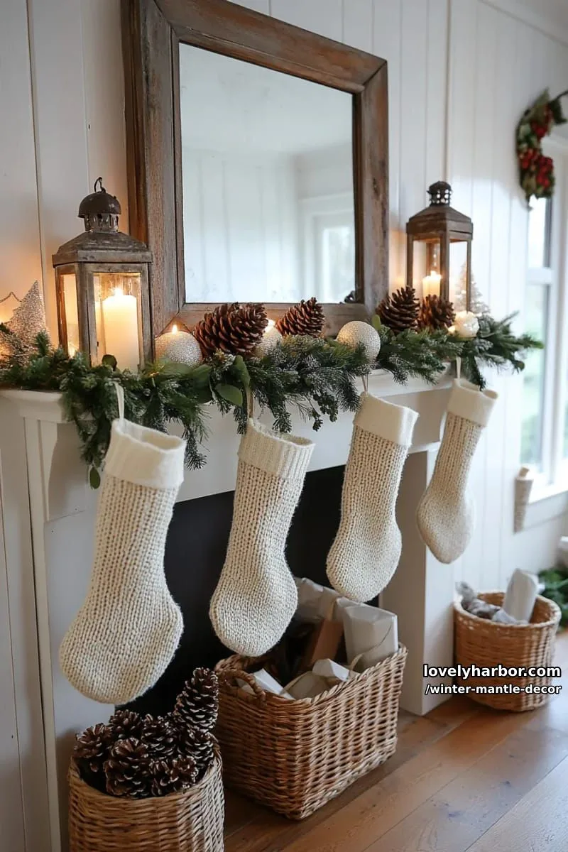 15 Stylish Winter Mantel Looks to Elevate Your Home 17 neutral farmhouse mantle: distressed lanterns, woven baskets, and chunky knit stockings. 1