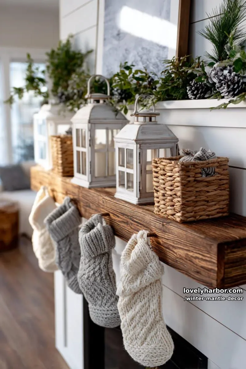 15 Stylish Winter Mantel Looks to Elevate Your Home 18 neutral farmhouse mantle: distressed lanterns, woven baskets, and chunky knit stockings. 1