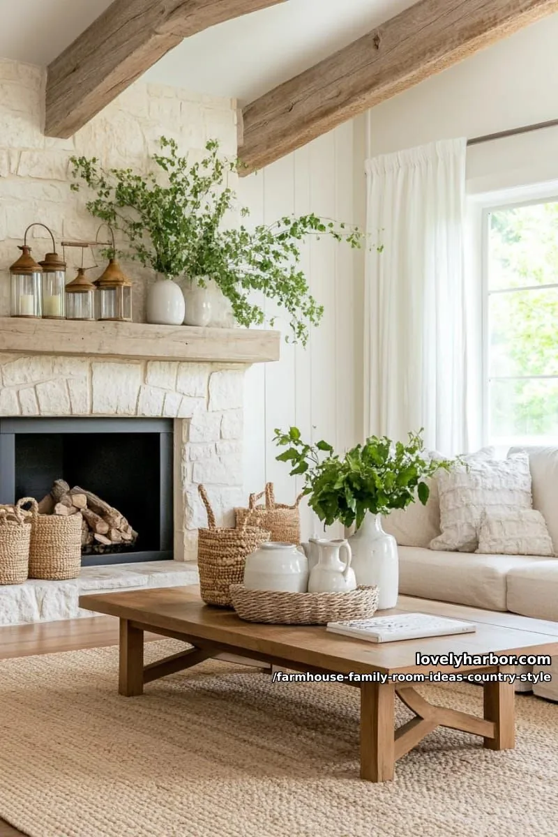 neutral linen sectional facing a stone fireplace and woven basket storage 1