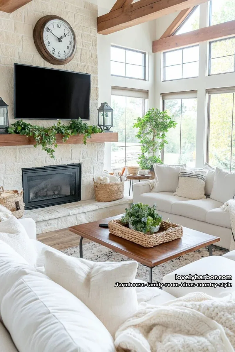 neutral linen sectional facing a stone fireplace and woven basket storage 1
