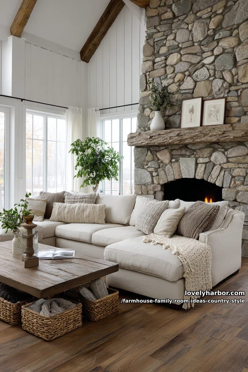 neutral linen sectional facing a stone fireplace and woven basket storage 1