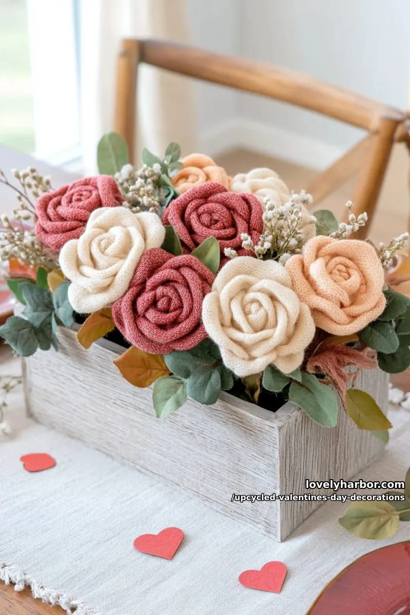 old sweater fabric roses arranged in a rustic wooden box centerpiece 1