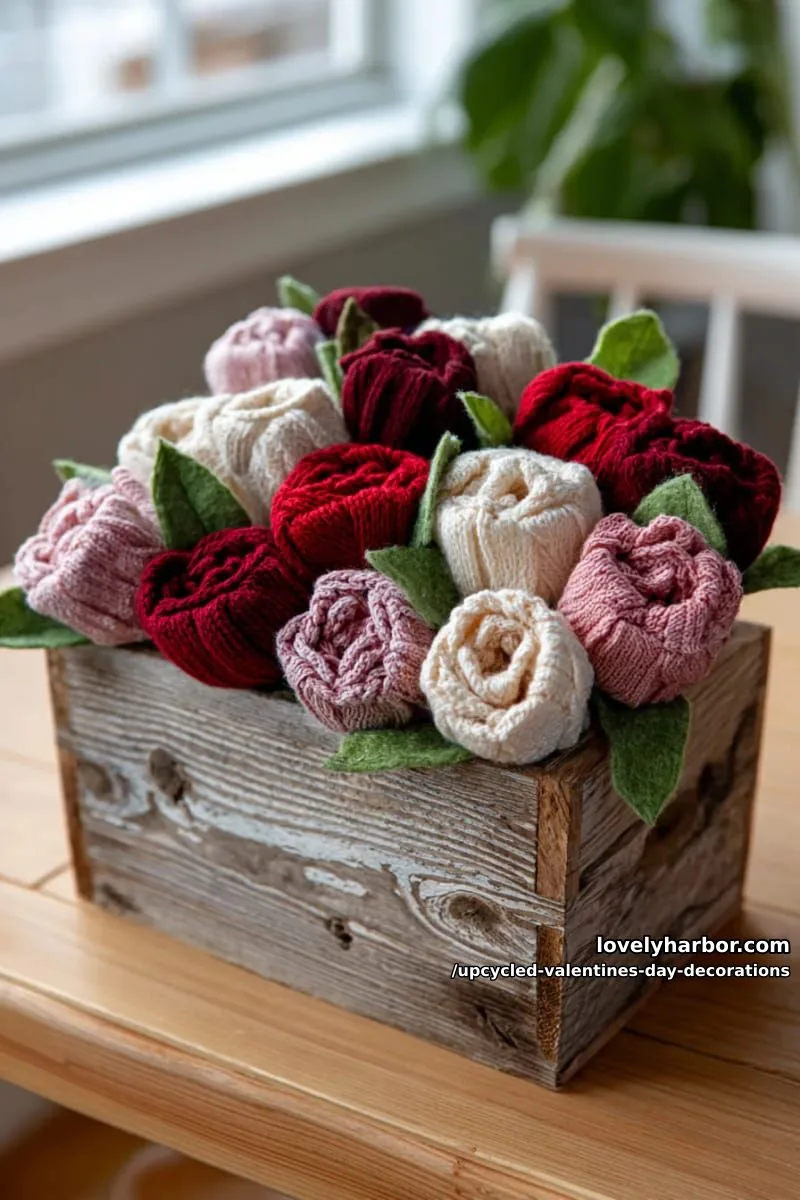 old sweater fabric roses arranged in a rustic wooden box centerpiece 1
