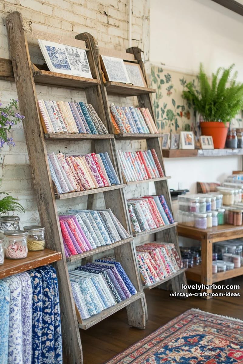 old wooden ladders transformed into vertical fabric and yarn displays 1