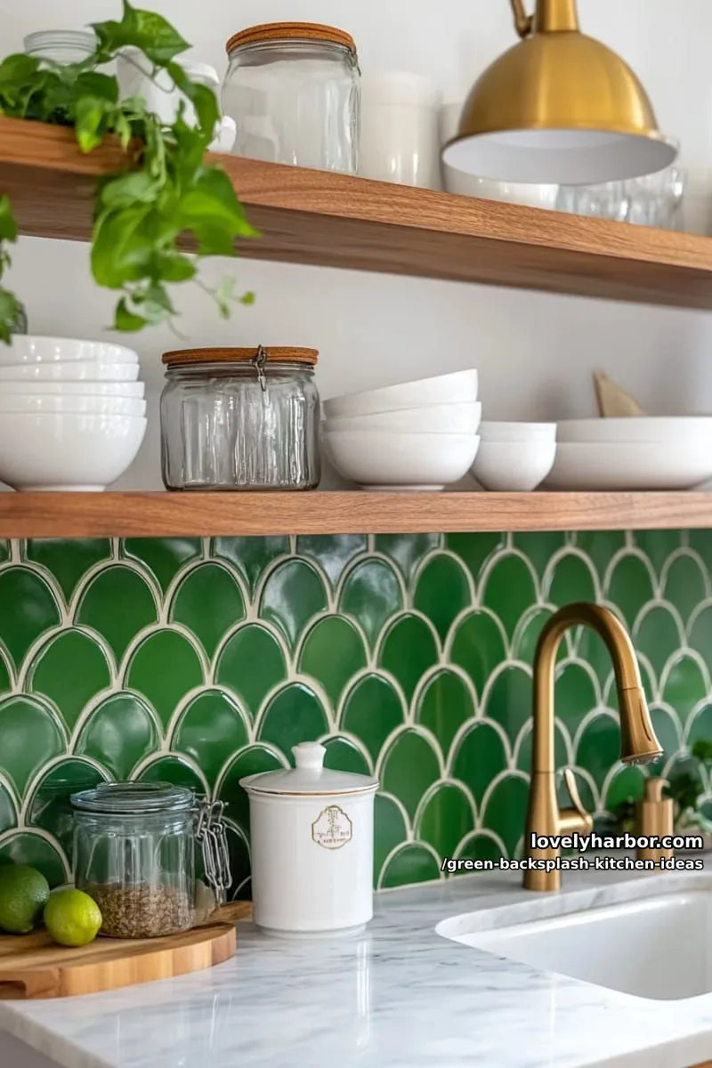 15 Green Backsplash Ideas for Modern Kitchens 15 olive green fan-shaped tiles with marble countertops and brass fixtures. 1