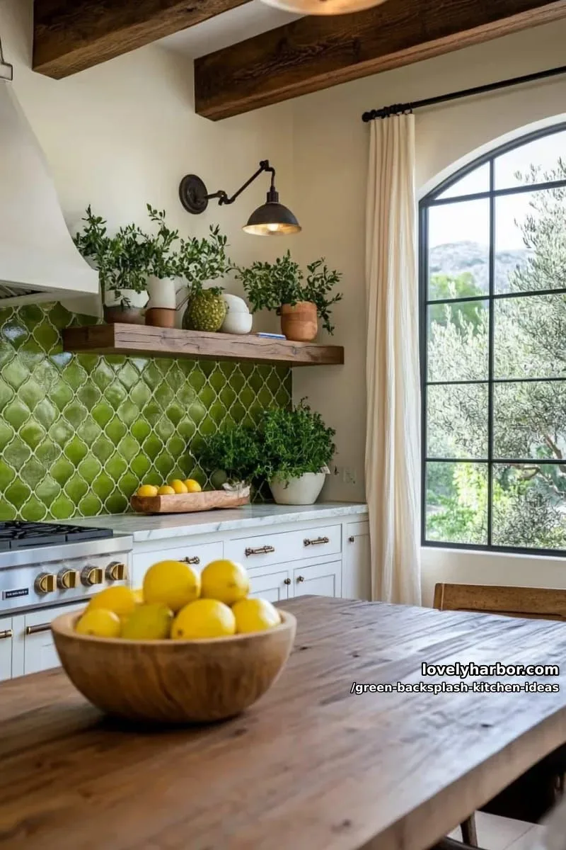 15 Green Backsplash Ideas for Modern Kitchens 16 olive green fan-shaped tiles with marble countertops and brass fixtures. 1