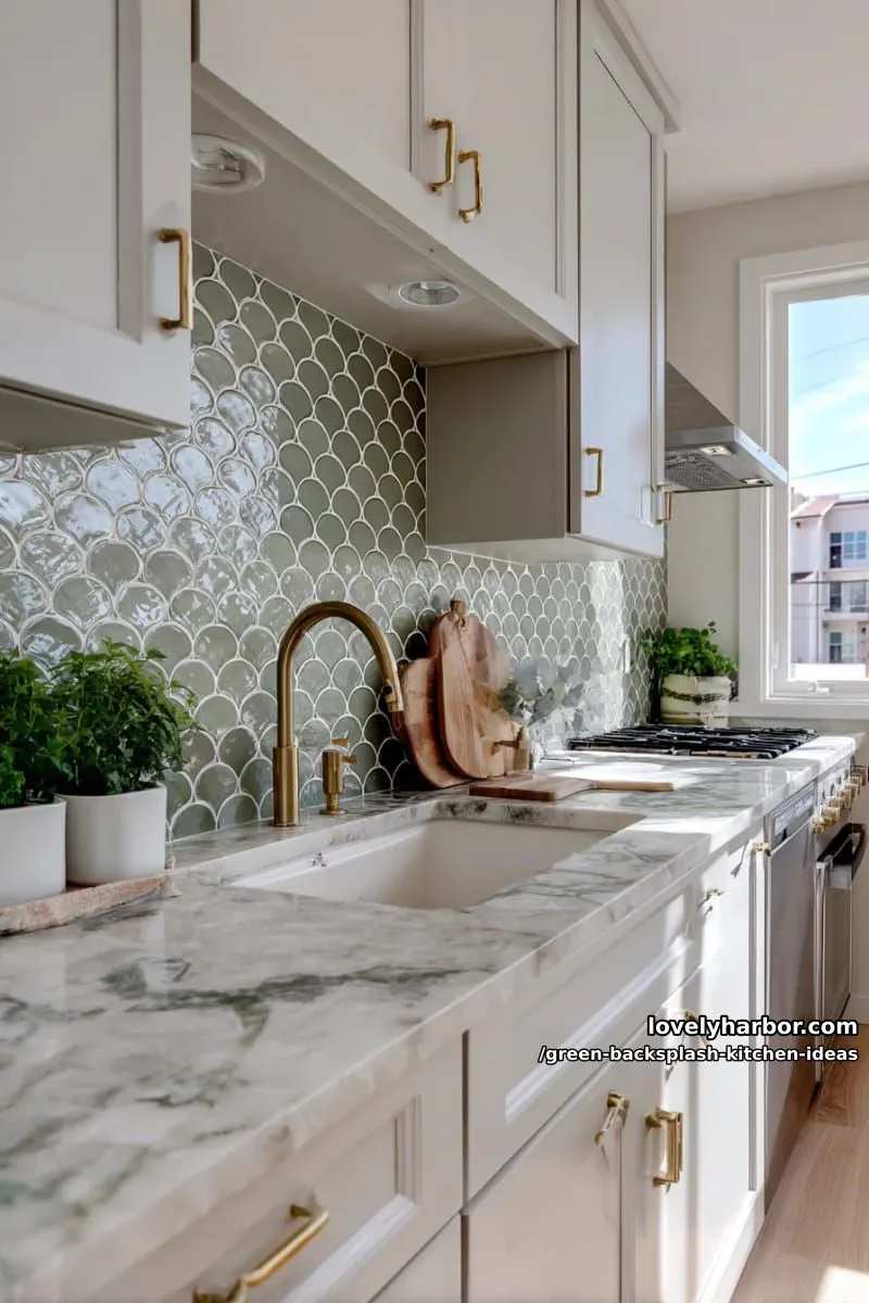 15 Green Backsplash Ideas for Modern Kitchens 17 olive green fan-shaped tiles with marble countertops and brass fixtures. 1
