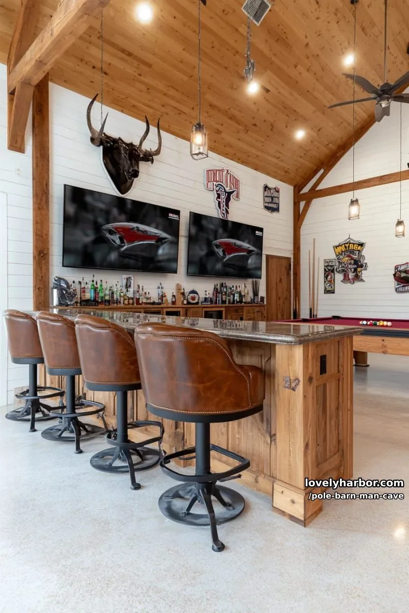 open-concept sports bar with dual big screens and rustic wood beams overhead 1