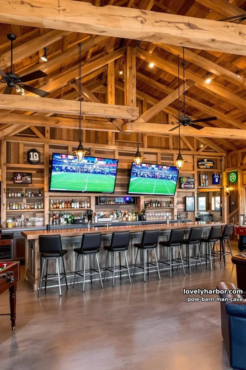 open-concept sports bar with dual big screens and rustic wood beams overhead 1