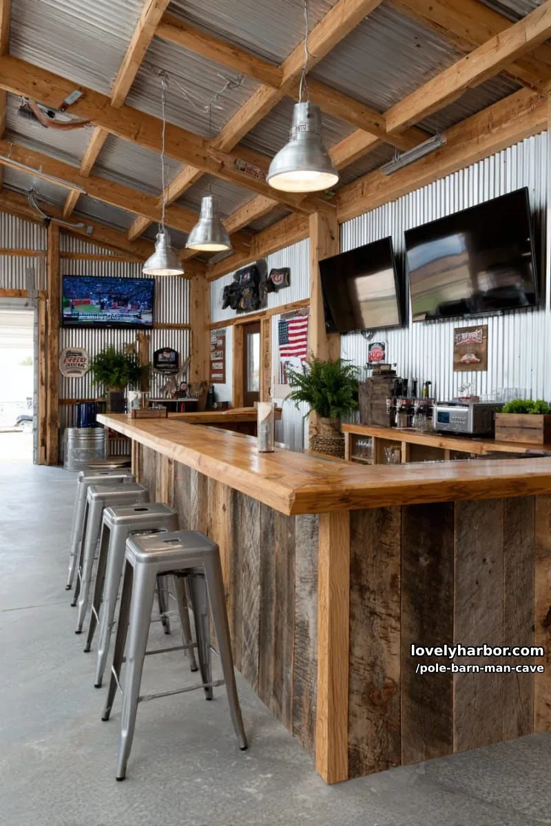 open-concept sports bar with dual big screens and rustic wood beams overhead 1