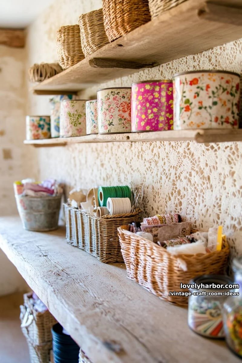 open cubby shelving filled with antique tin boxes and woven baskets 1