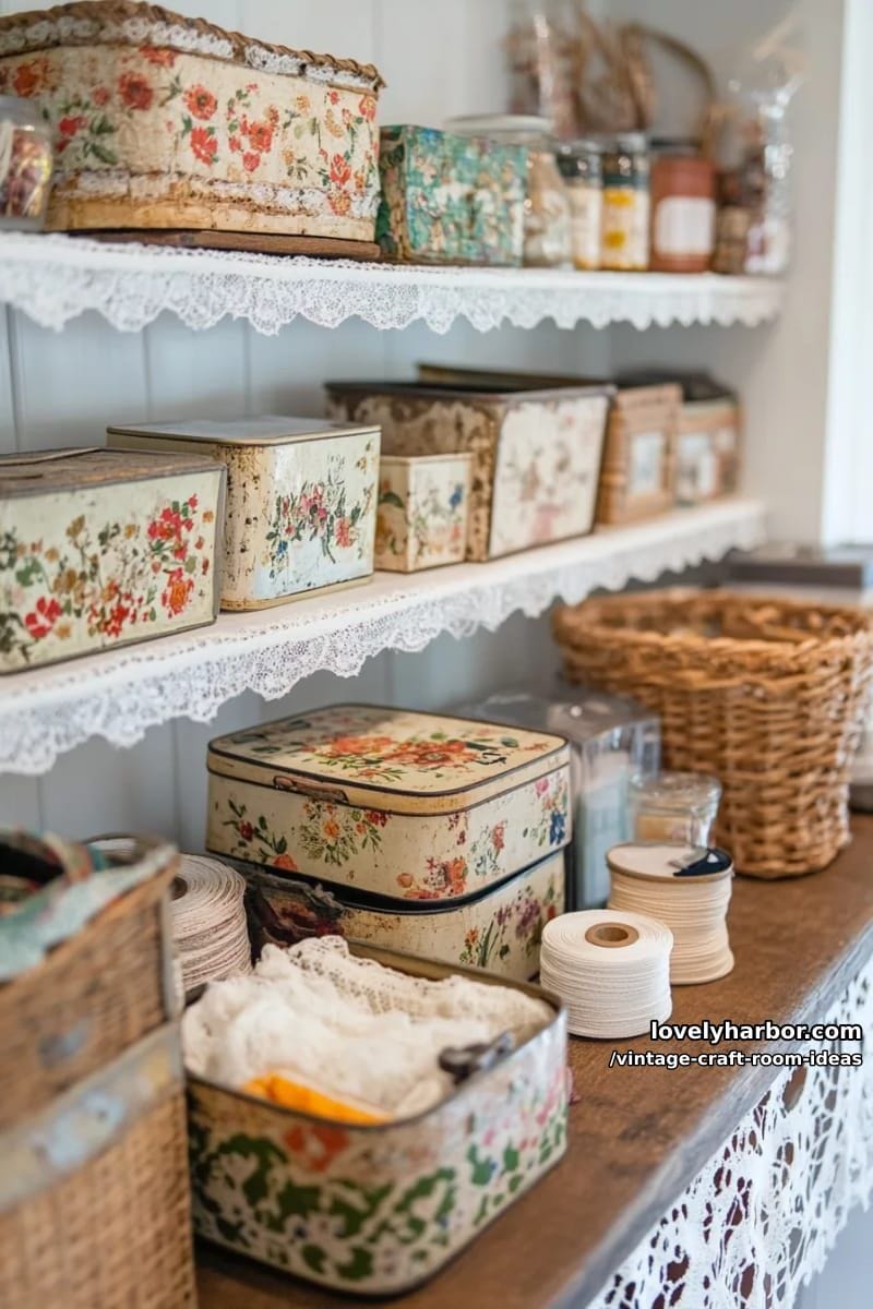 open cubby shelving filled with antique tin boxes and woven baskets 1