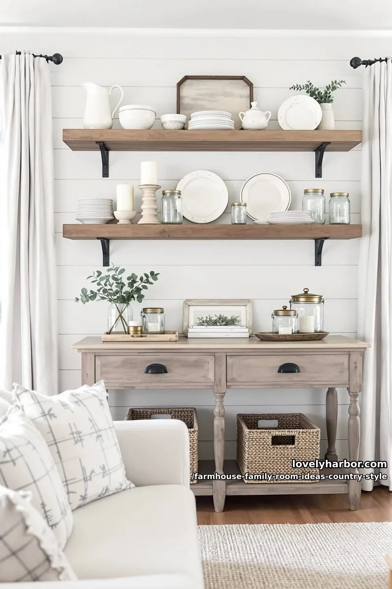 open shelving displaying creamware pottery, mason jars, and farmhouse candles 1