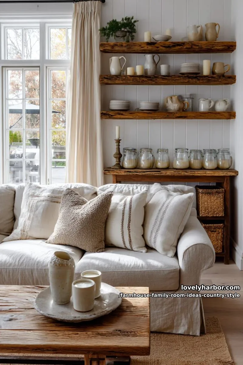 open shelving displaying creamware pottery, mason jars, and farmhouse candles 1