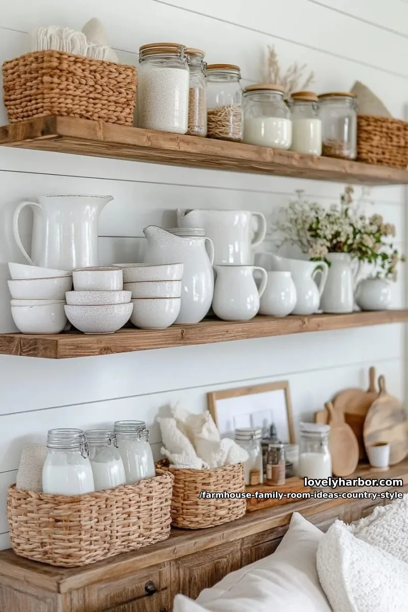 open shelving displaying creamware pottery, mason jars, and farmhouse candles 1