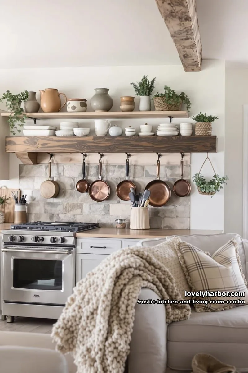 open shelving with vintage pottery and copper pans displayed above the stove 1