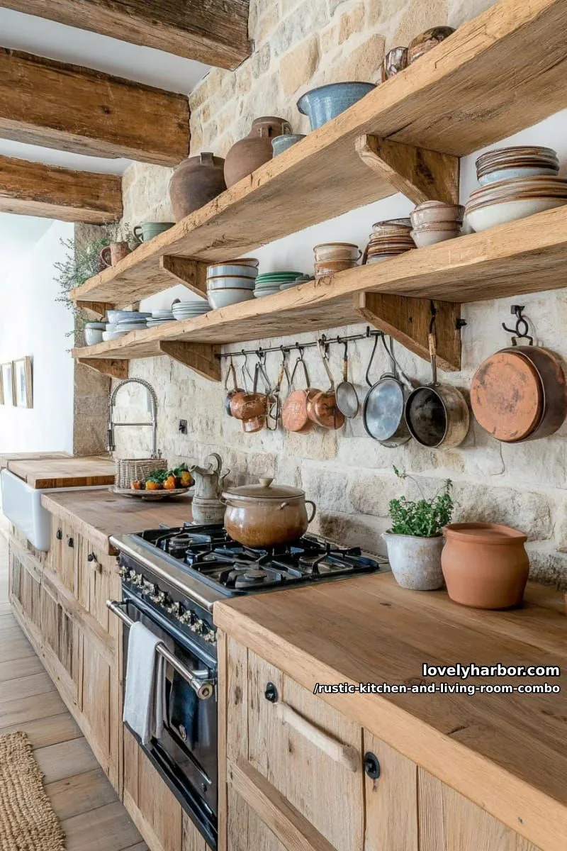 open shelving with vintage pottery and copper pans displayed above the stove 1