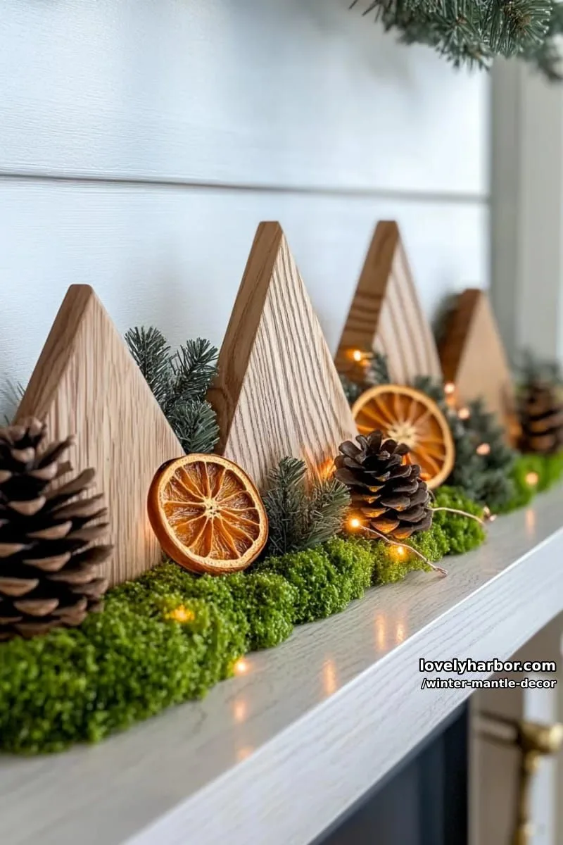15 Stylish Winter Mantel Looks to Elevate Your Home 21 organic woodland display: moss runner, wooden trees, and copper fairy lights. 1