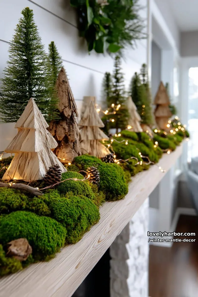 15 Stylish Winter Mantel Looks to Elevate Your Home 22 organic woodland display: moss runner, wooden trees, and copper fairy lights. 1