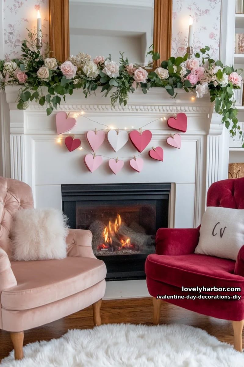 origami accordion hearts strung across a mantel with mini clothespins 1