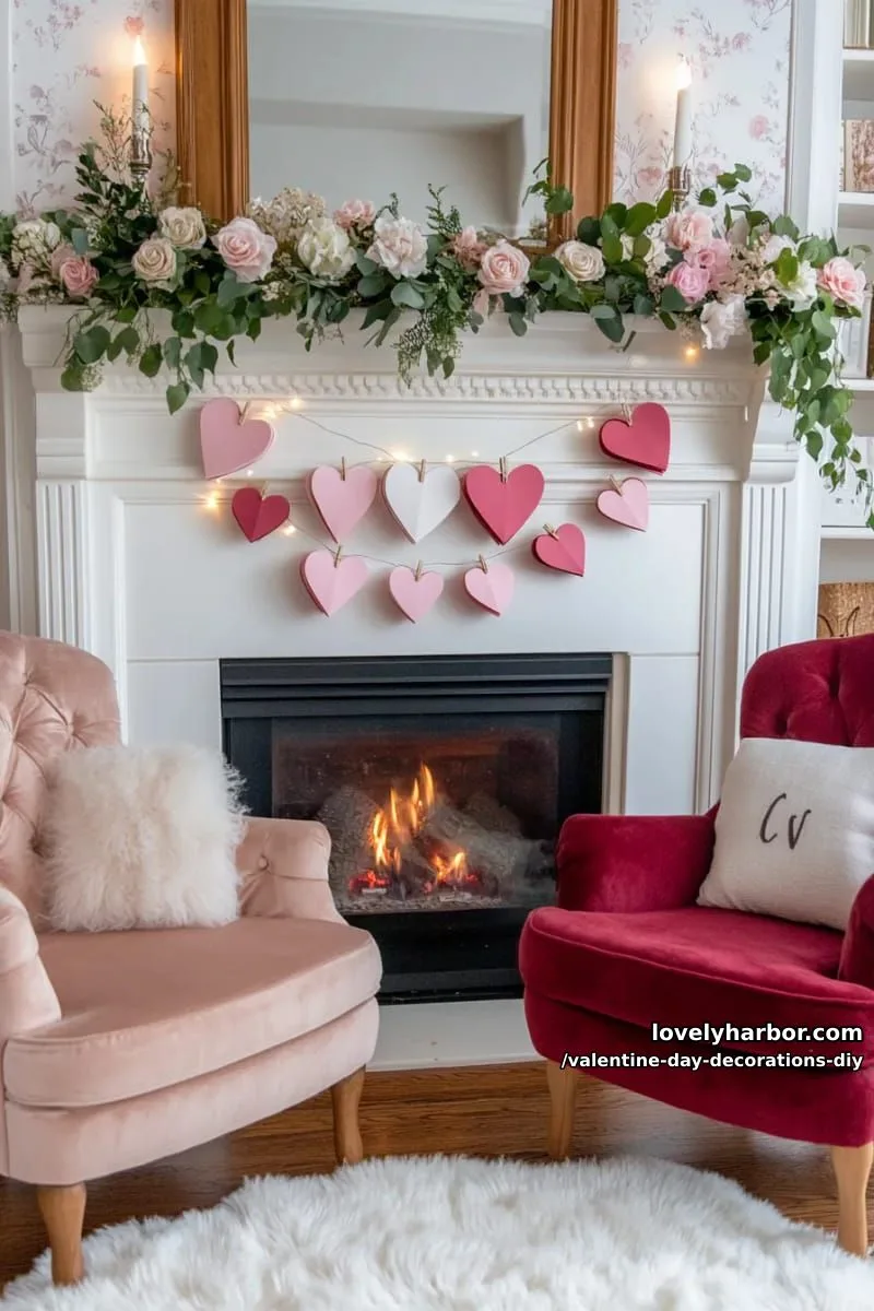 origami accordion hearts strung across a mantel with mini clothespins 1