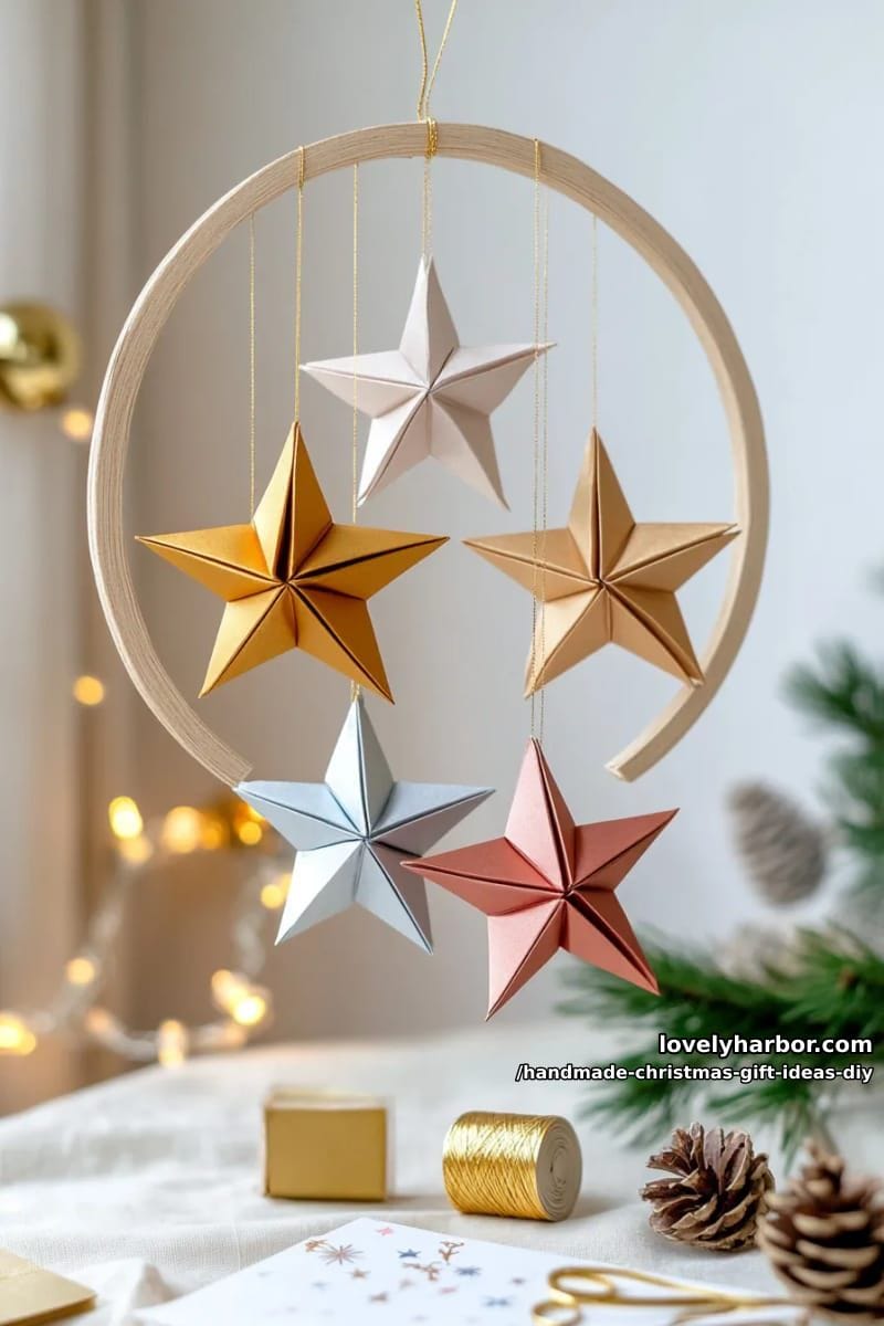 origami star mobile using metallic papers and delicate gold string 1