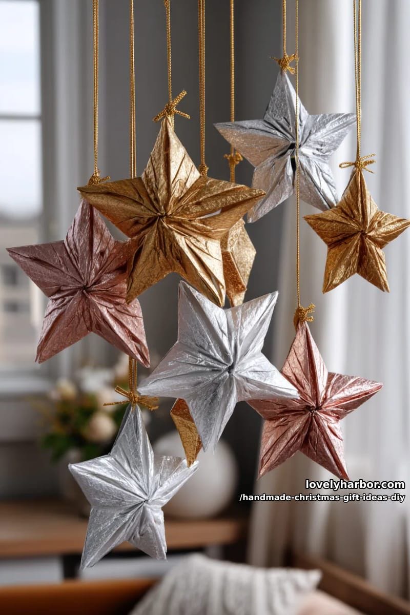 origami star mobile using metallic papers and delicate gold string 1
