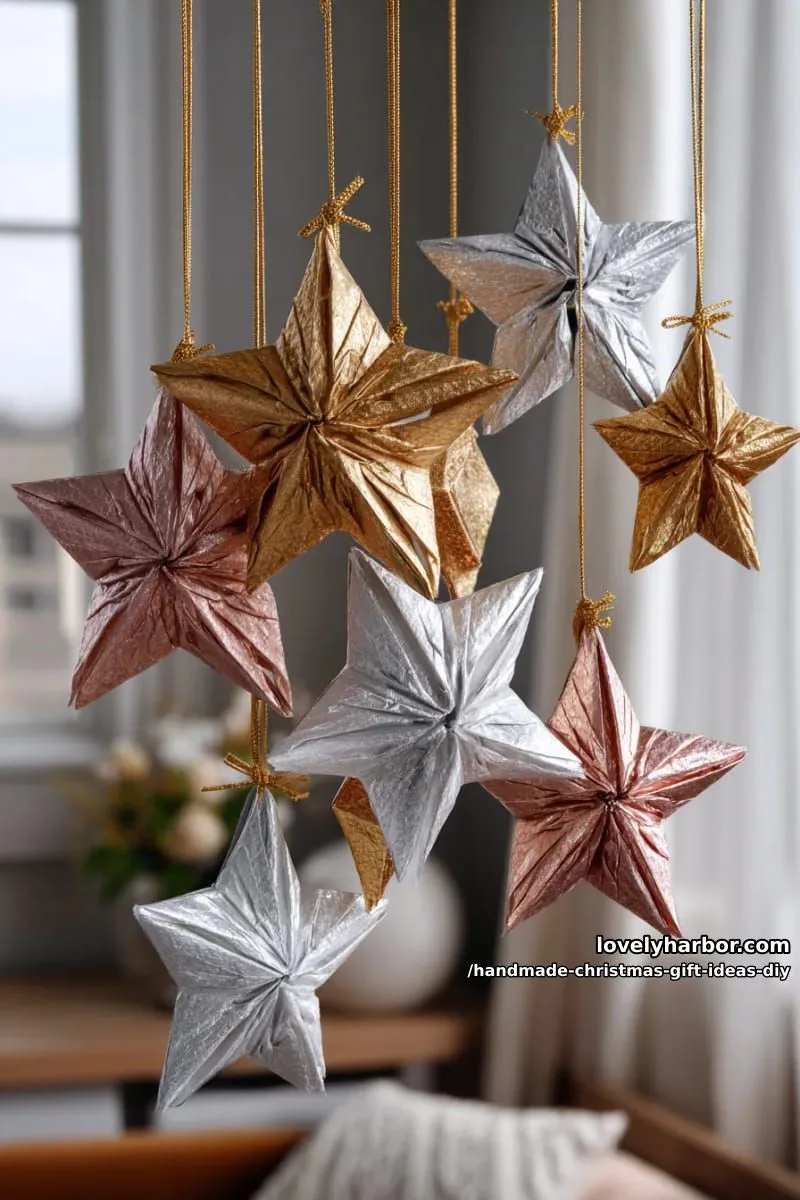 11 Unique DIY Christmas Gifts to Make This Year 17 origami star mobile using metallic papers and delicate gold string 1