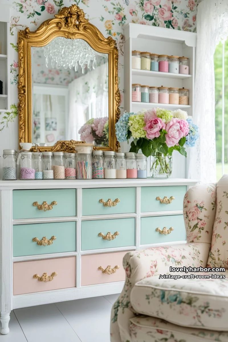ornate gold mirror above a shabby chic workbench with pastel painted drawers 1