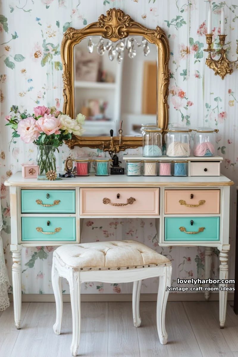 ornate gold mirror above a shabby chic workbench with pastel painted drawers 1