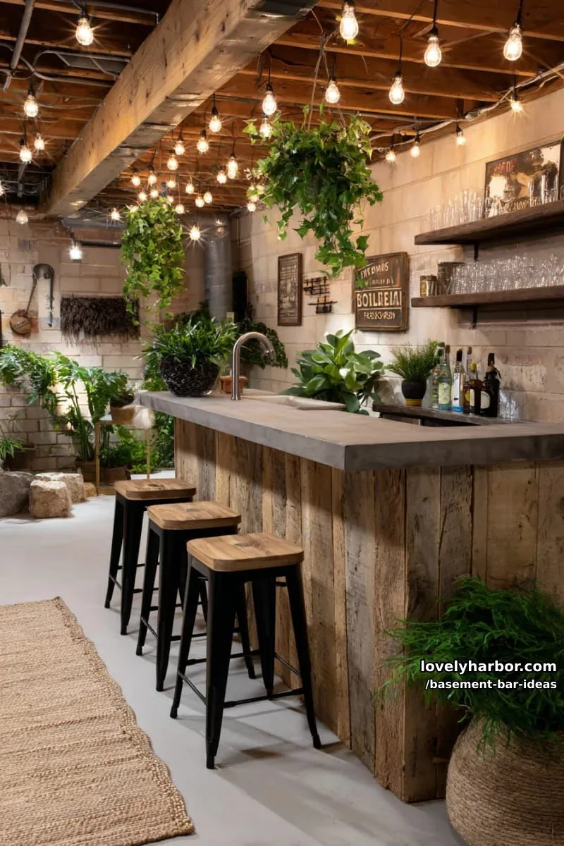 15 Modern Basement Bar Design Ideas for Comfy Entertaining 29 outdoor-inspired basement bar with reclaimed barnwood, edison string lights, and greenery 1