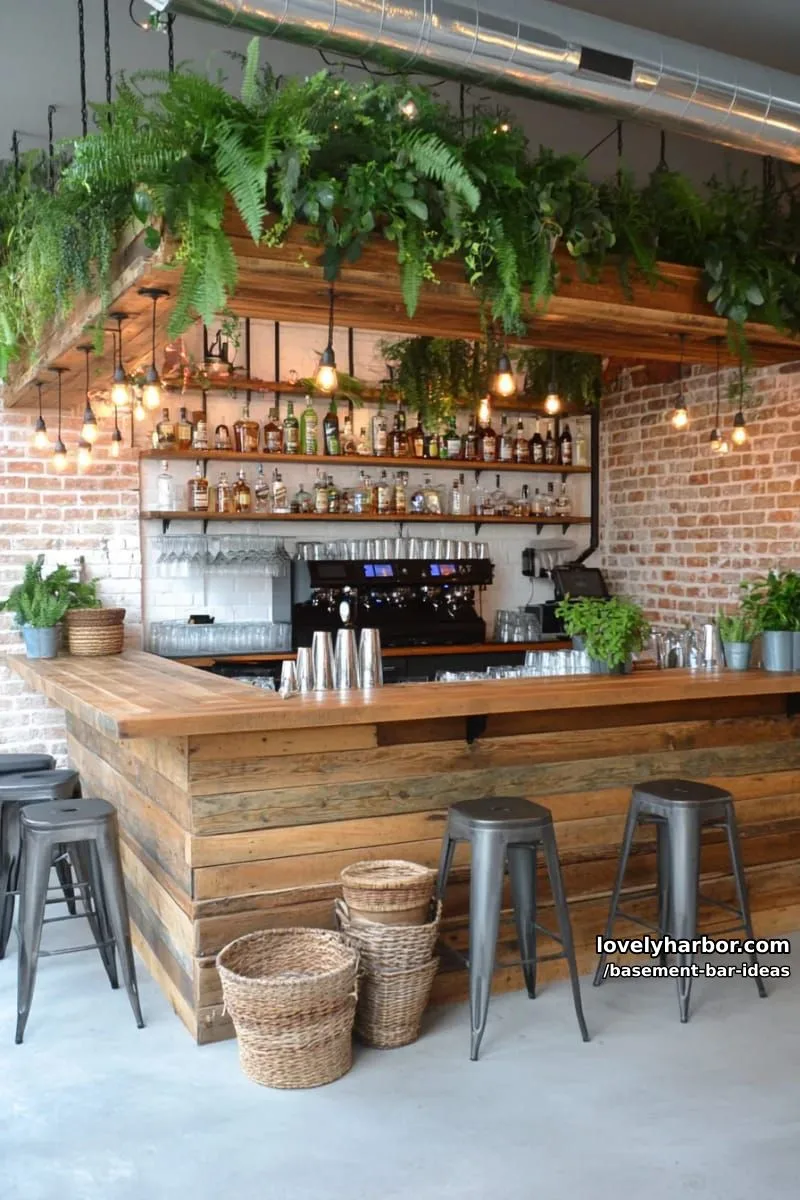 15 Modern Basement Bar Design Ideas for Comfy Entertaining 30 outdoor-inspired basement bar with reclaimed barnwood, edison string lights, and greenery 1