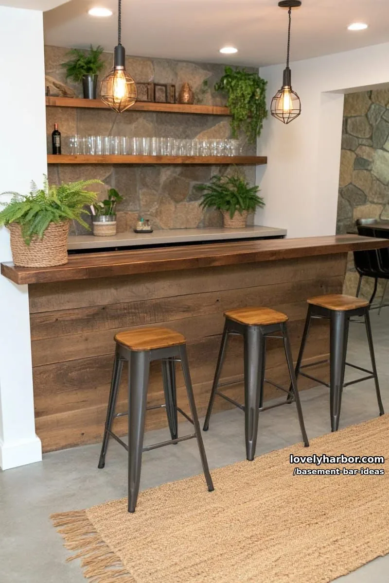 15 Modern Basement Bar Design Ideas for Comfy Entertaining 31 outdoor-inspired basement bar with reclaimed barnwood, edison string lights, and greenery 1