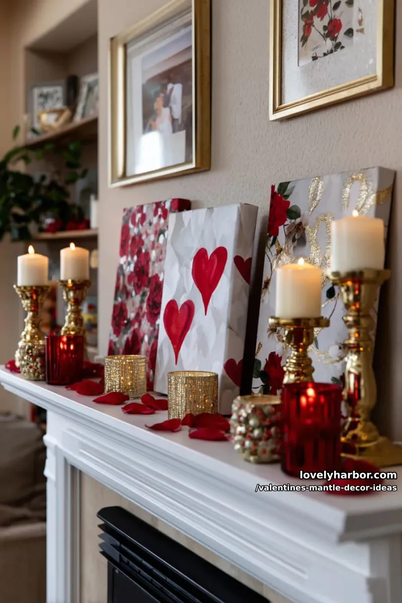 overlapping romantic canvas prints with pops of crimson and gold accents 1