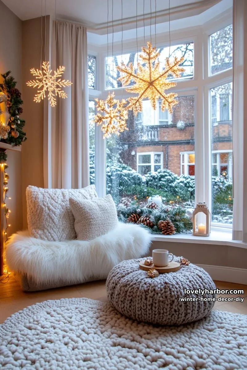 oversized faux snowflakes strung in a window for a winter wonderland glow 1
