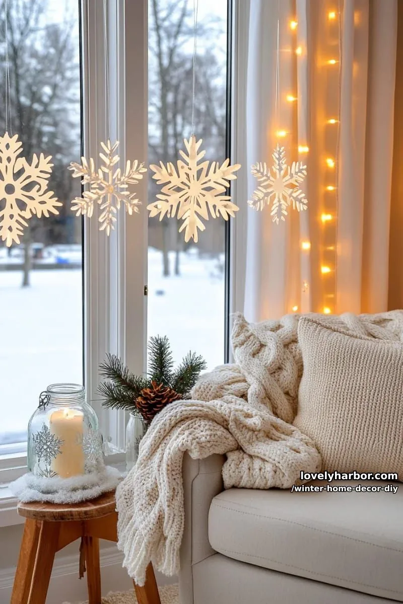 oversized faux snowflakes strung in a window for a winter wonderland glow 1