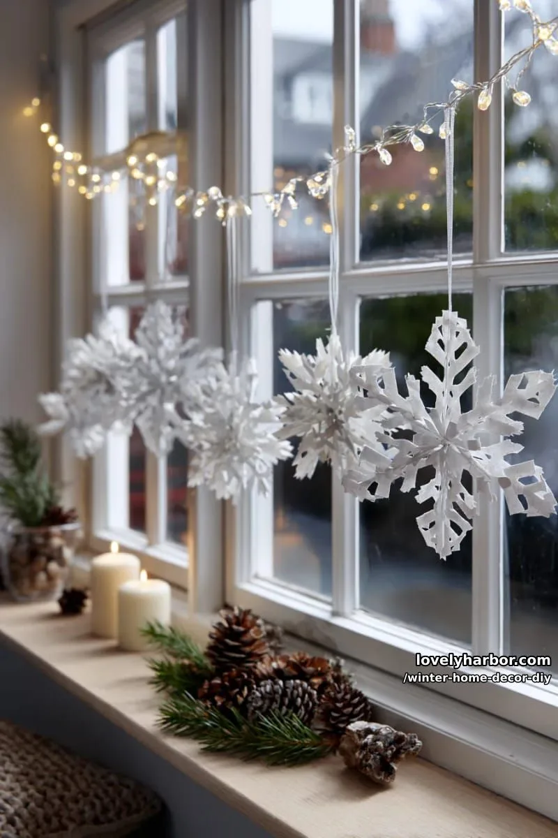 oversized faux snowflakes strung in a window for a winter wonderland glow 1