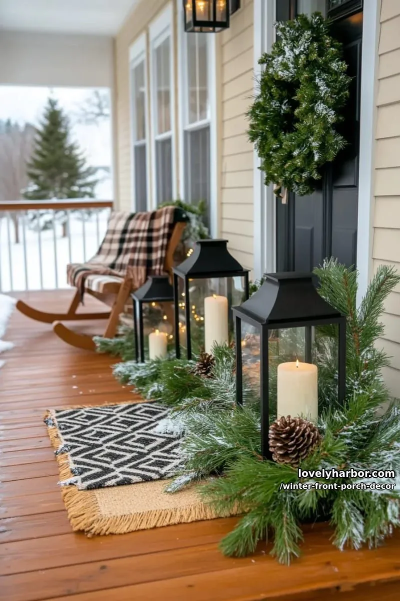 oversized lanterns filled with evergreen clippings and faux snow accents 1