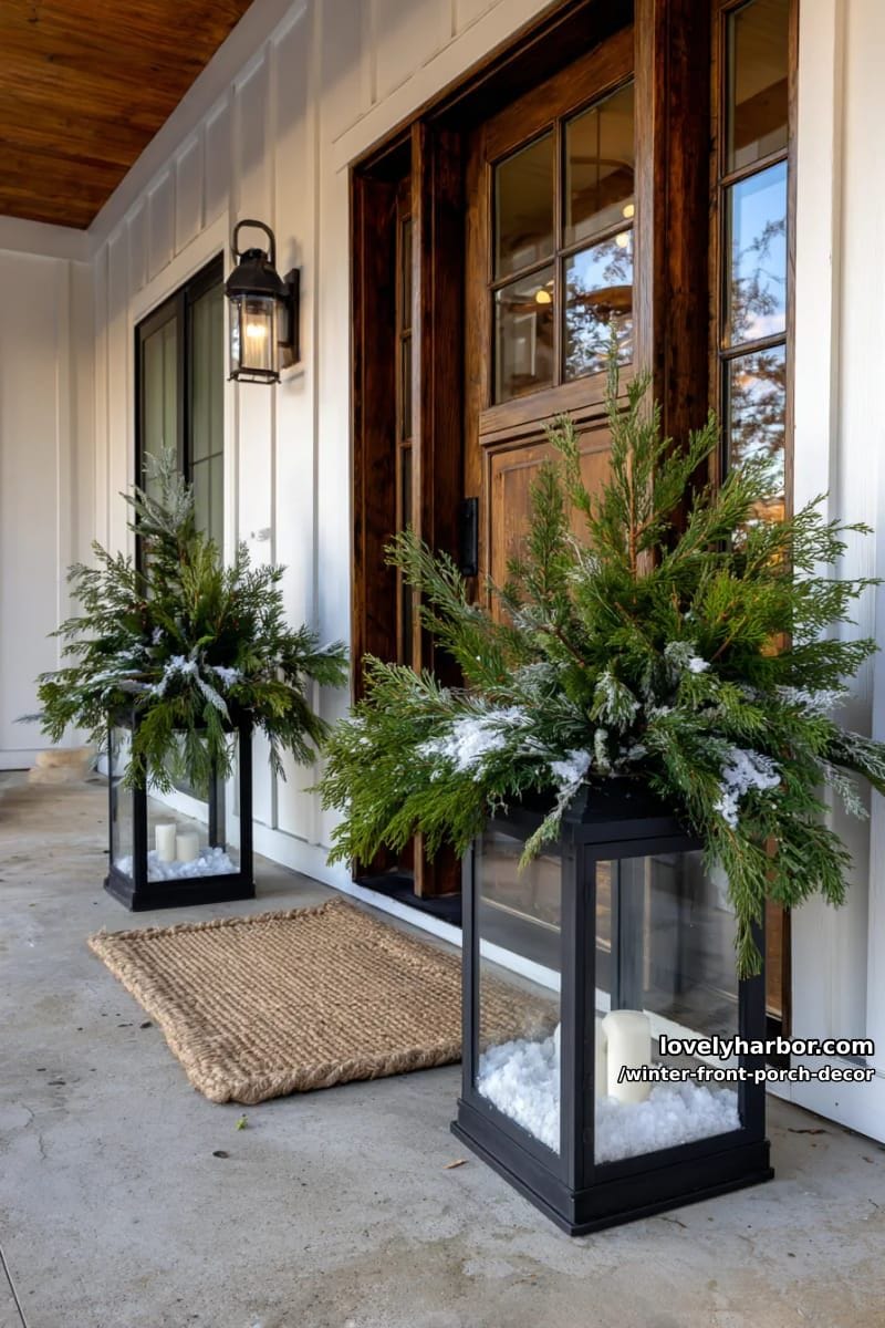 oversized lanterns filled with evergreen clippings and faux snow accents 1