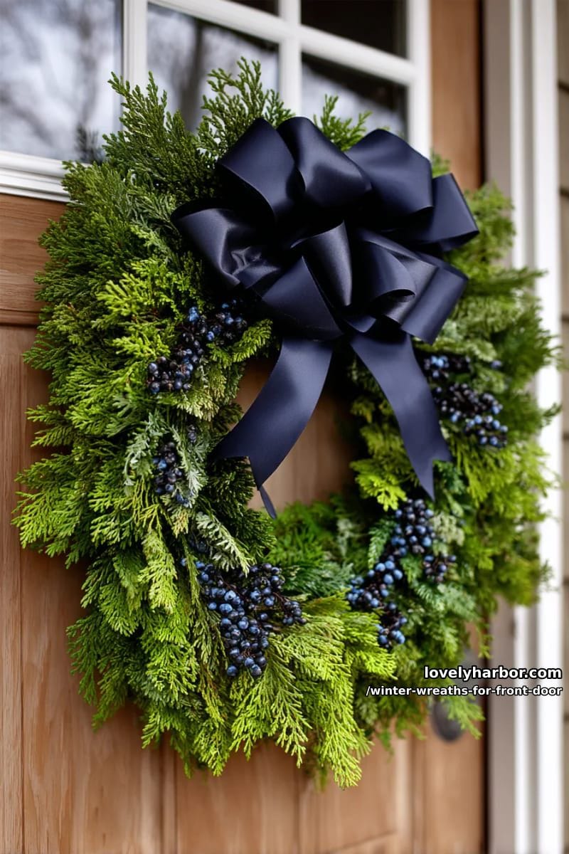 oversized navy blue ribbon bow on lush cedar and juniper wreath 1