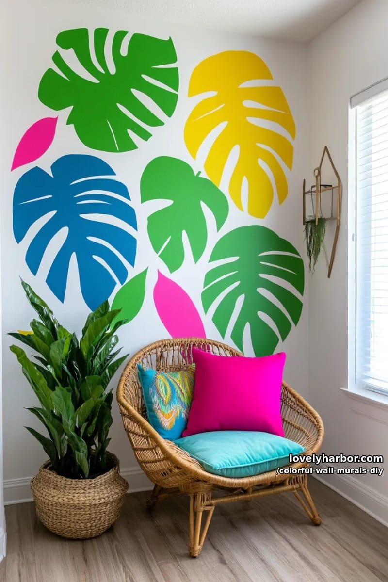 oversized tropical leaves with neon accents for a playful jungle vibe 1