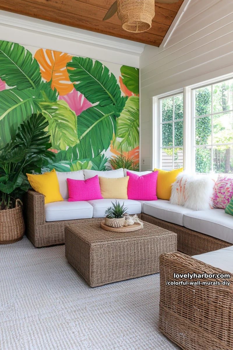 oversized tropical leaves with neon accents for a playful jungle vibe 1