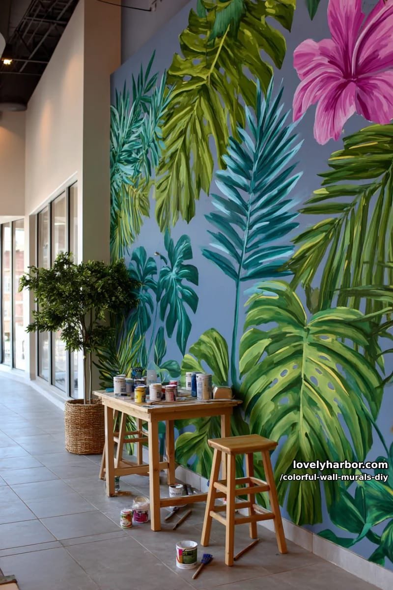 oversized tropical leaves with neon accents for a playful jungle vibe 1