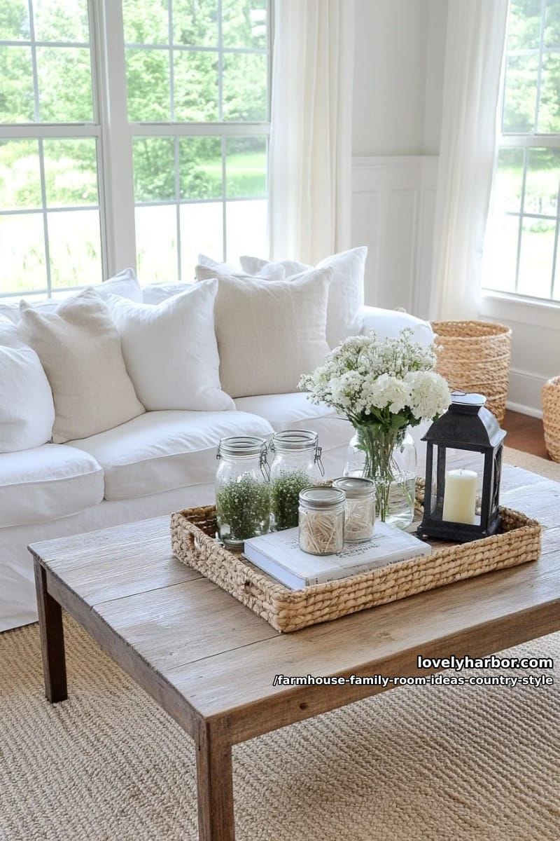 oversized white slipcover sofa paired with distressed wooden coffee table centerpiece 1