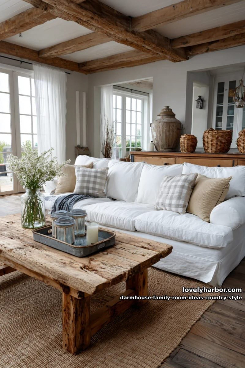 oversized white slipcover sofa paired with distressed wooden coffee table centerpiece 1