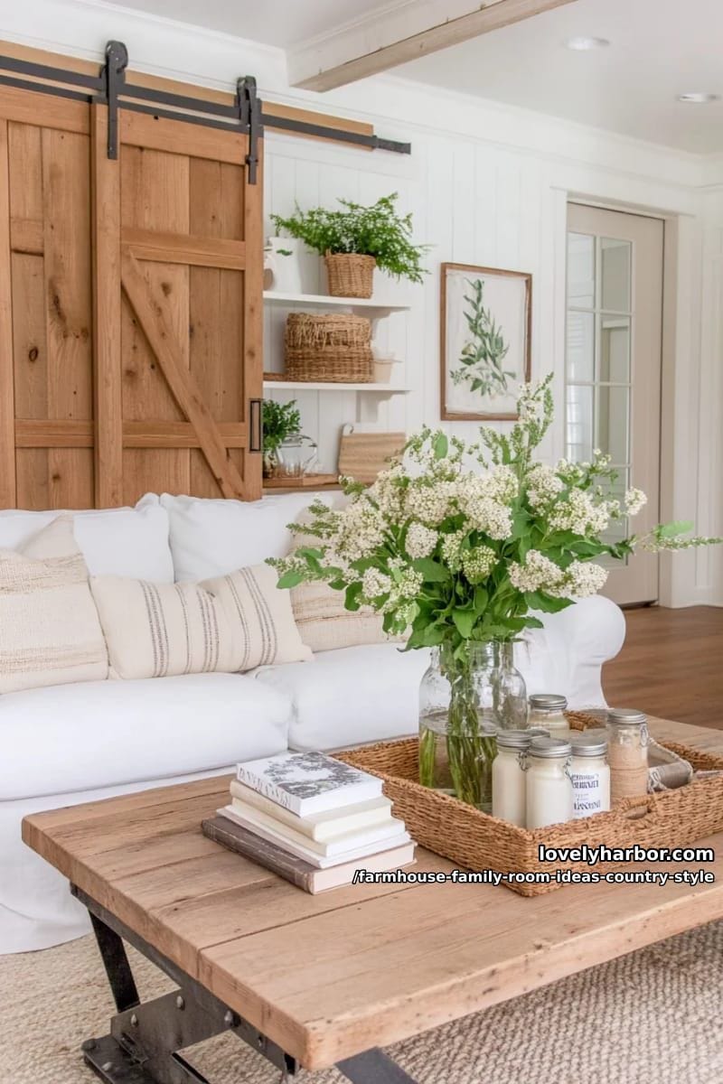 oversized white slipcover sofa paired with distressed wooden coffee table centerpiece 1