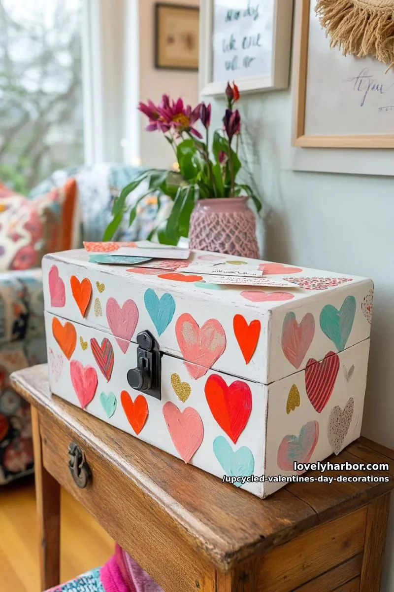 painted cardboard mailbox covered in hand-cut hearts for valentine cards 1